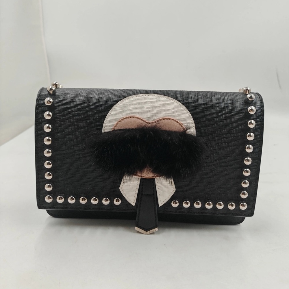 Authentic Fendi black calfskin leather Studded Karlito Wallet on Chain